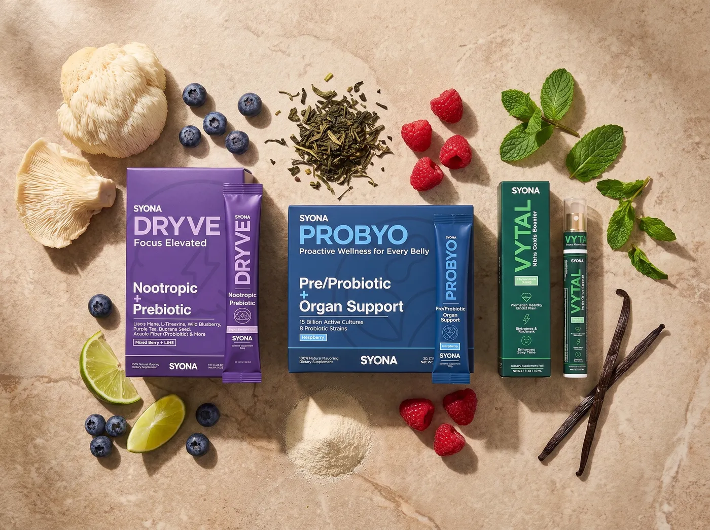 Syona trio surrounded by its raw ingredients