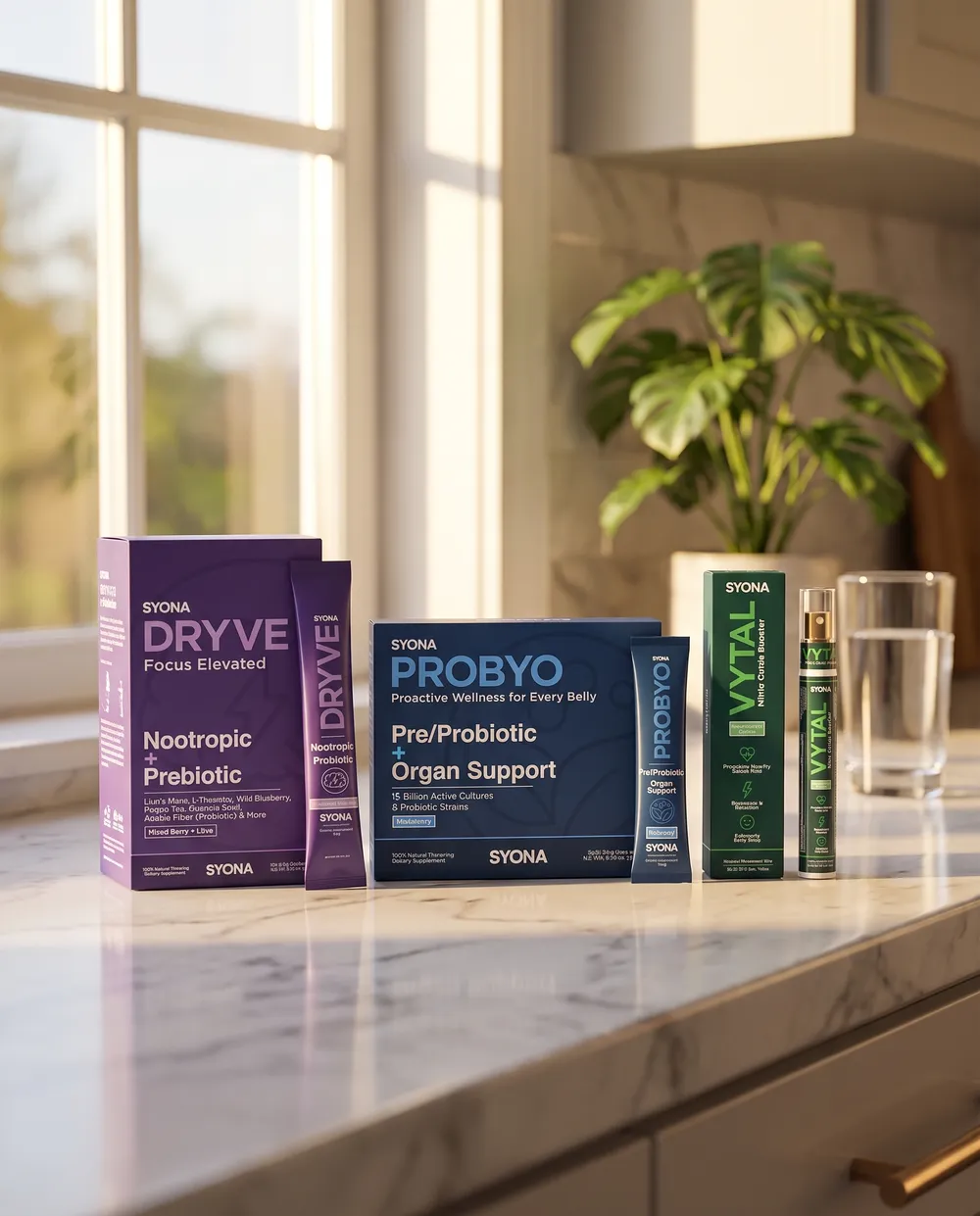 Syona product trio in morning light